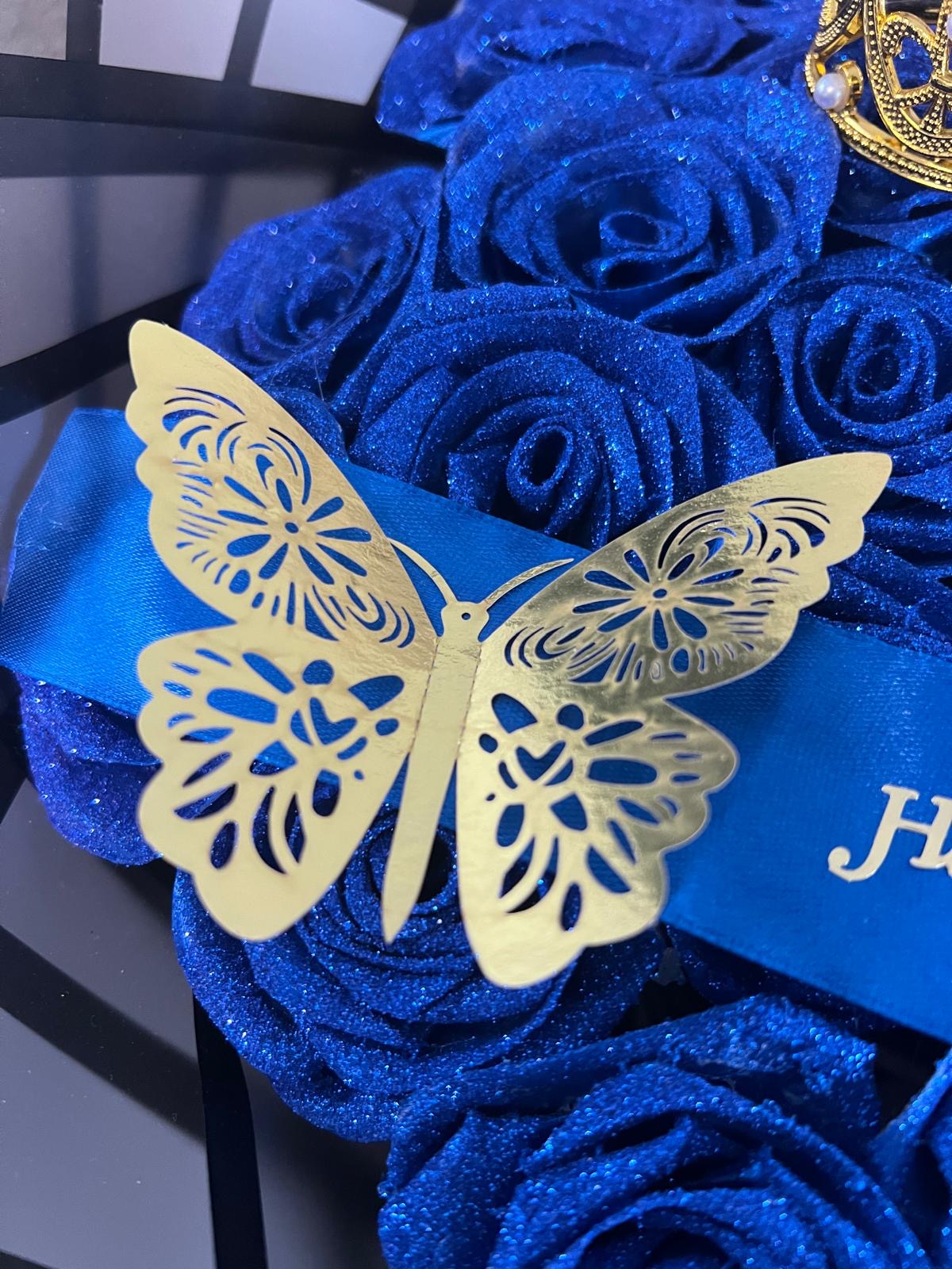 Eternal glitter ribbon rose bouquet - plain blue - happy birthday