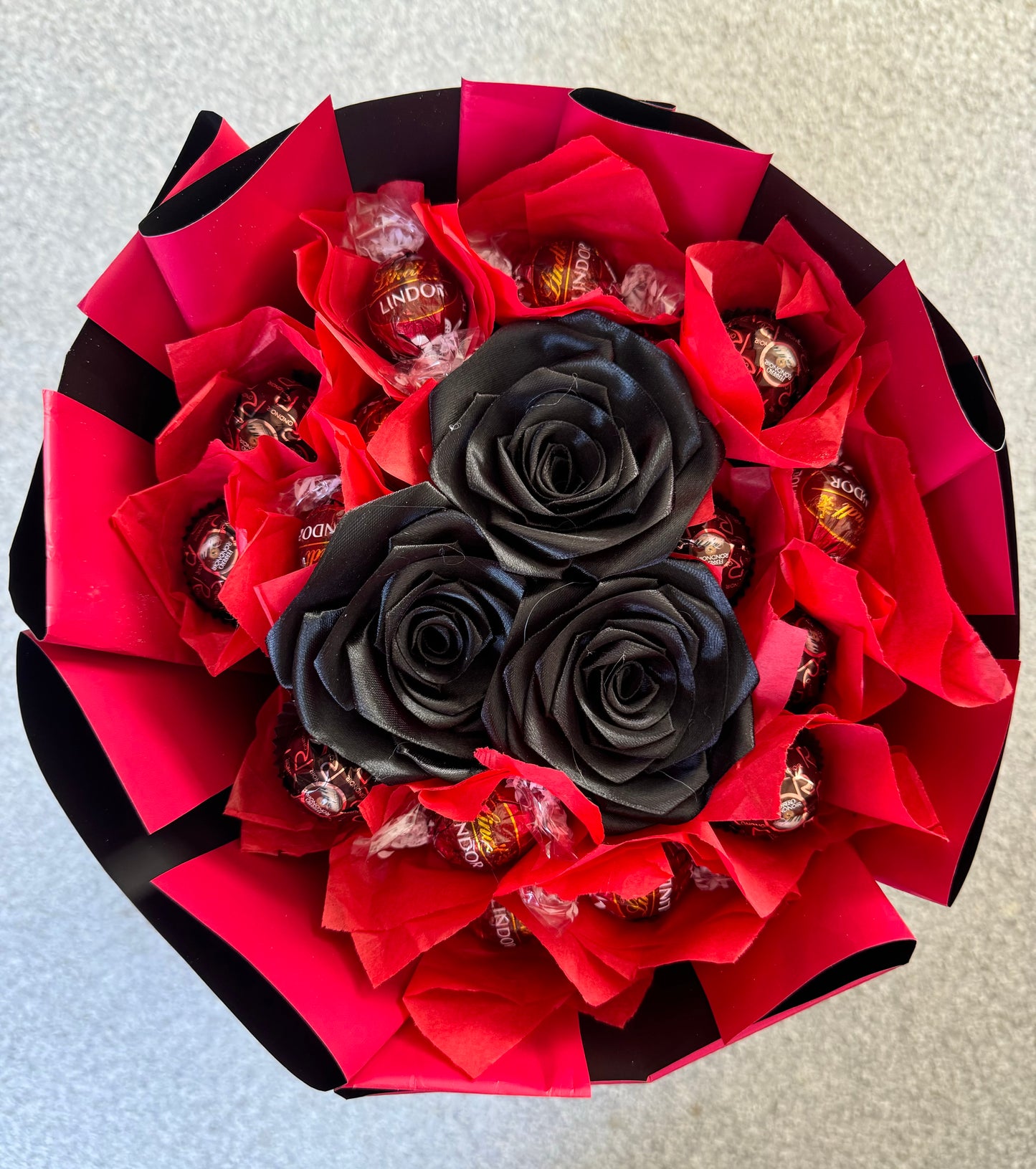 Eternal ribbon rose chocolate bouquet - red and black - ferrero rocher and lindor
