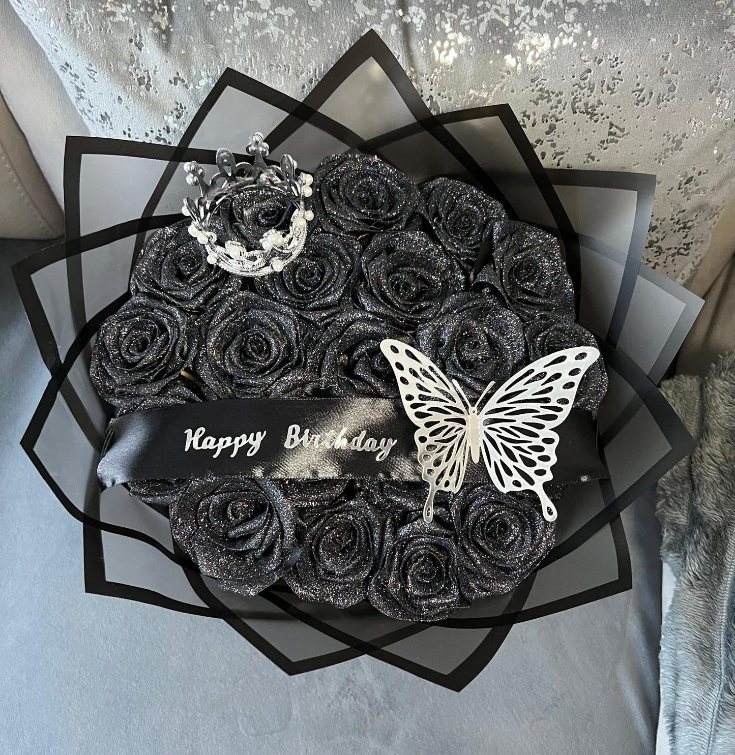 Eternal glitter rose bouquet - plain black - happy birthday