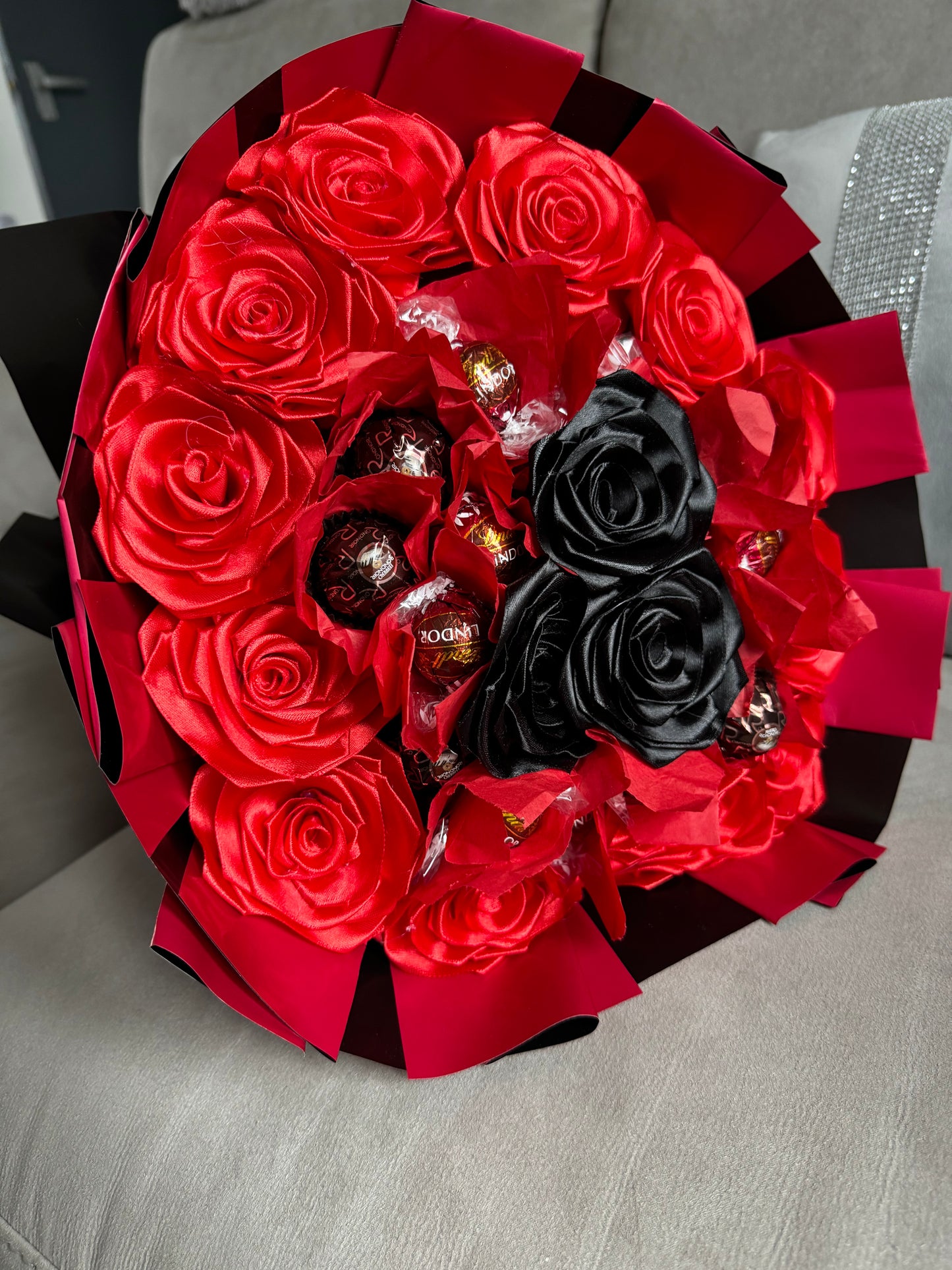 Eternal ribbon rose chocolate bouquet - red and black - ferrero rocher and lindor