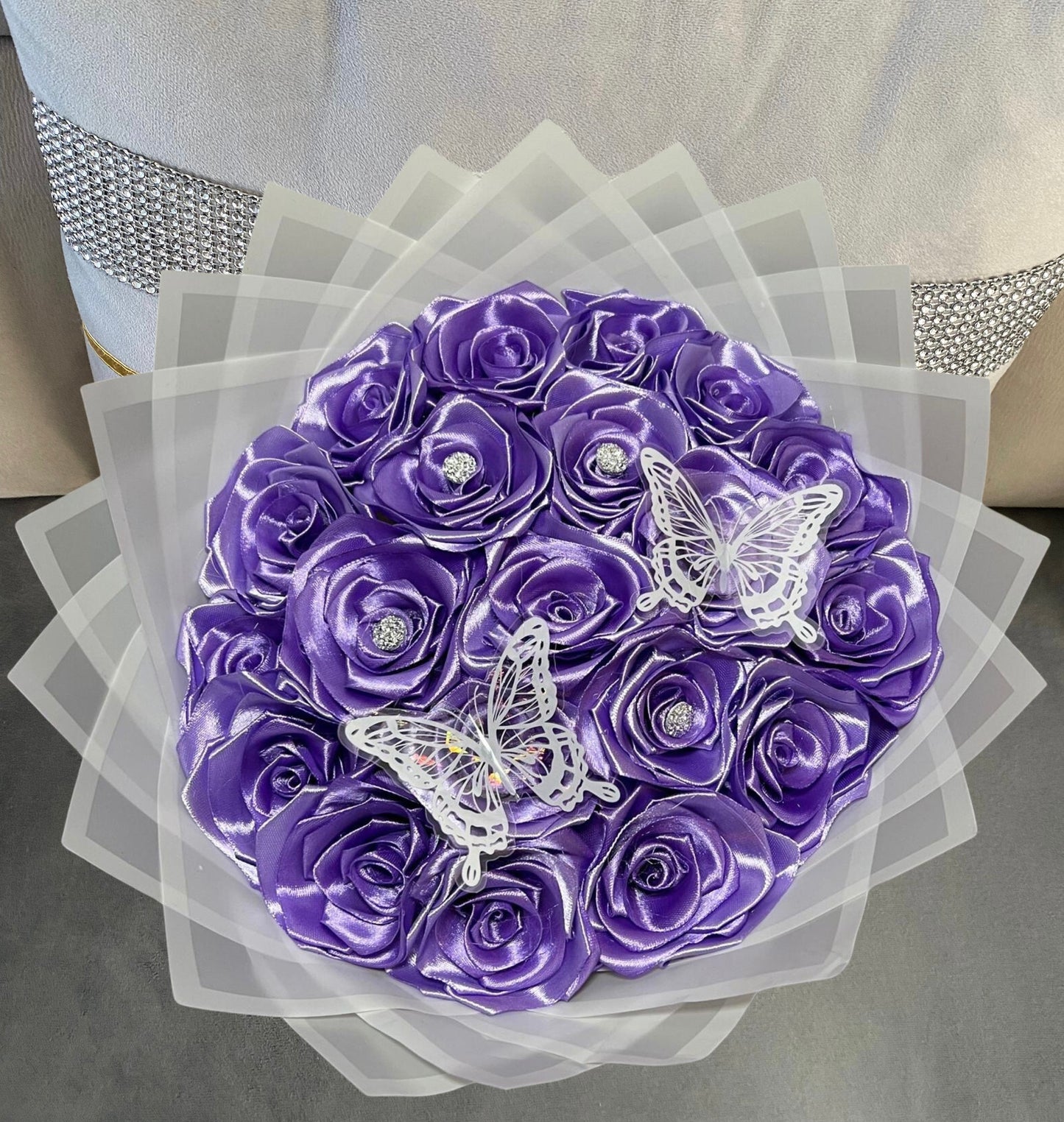 Eternal ribbon rose bouquet - plain purple