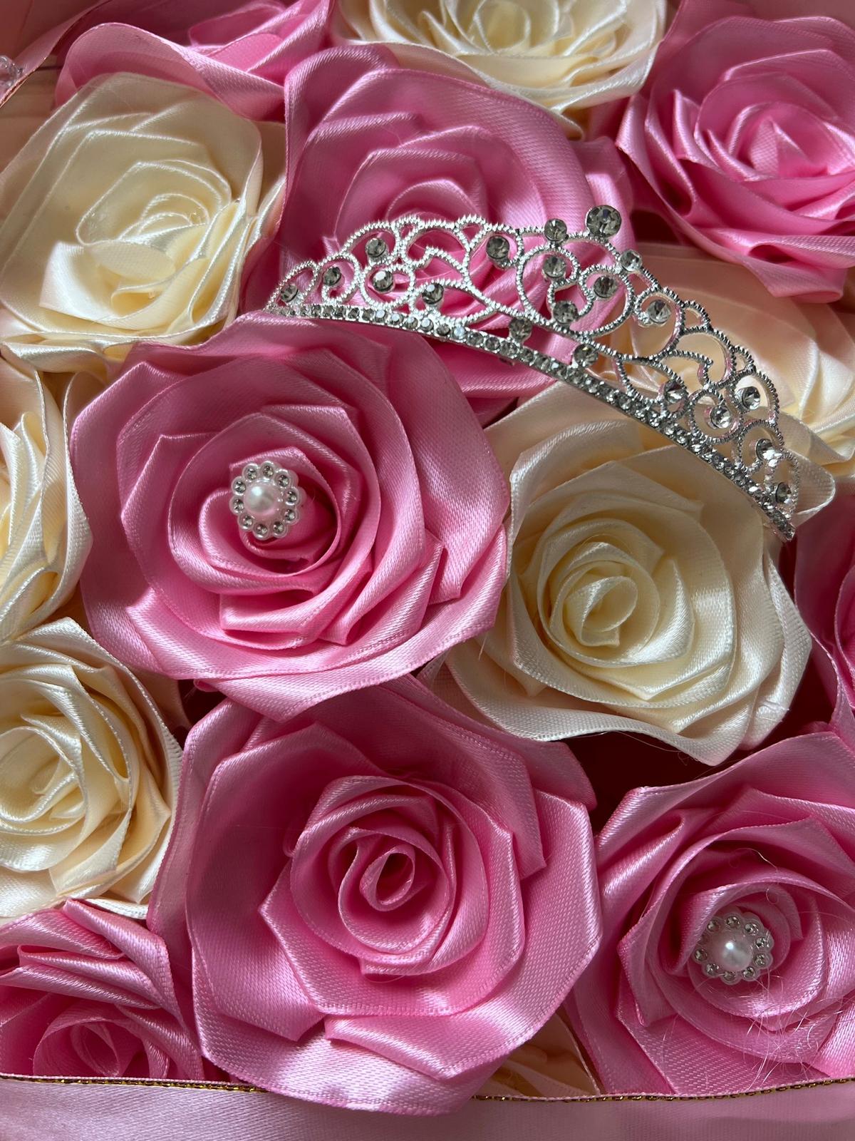 Eternal ribbon rose bouquet - pink and beige - tiara for display only