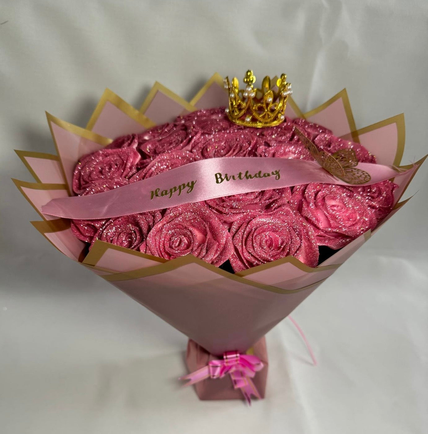 Eternal ribbon glitter rose bouquet- pink wrap - plain pink