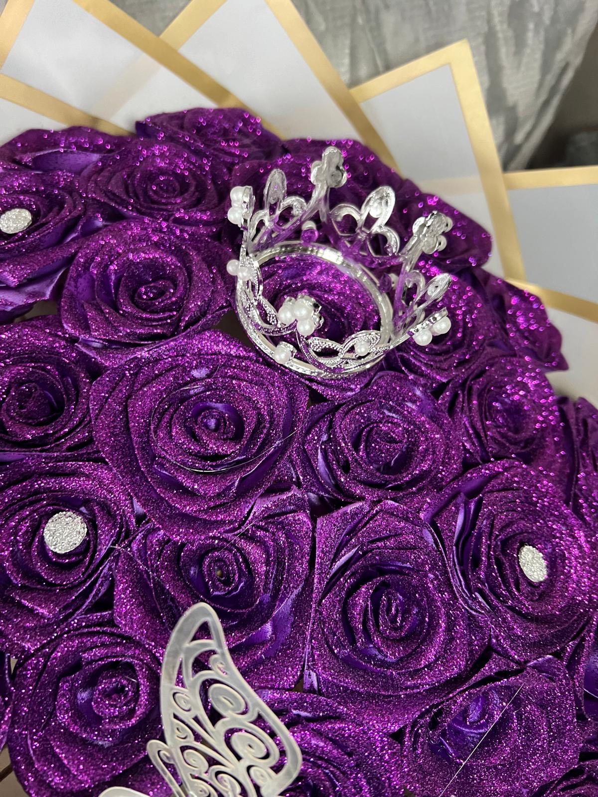 Eternal glitter rose bouquet - plain purple - ribbon