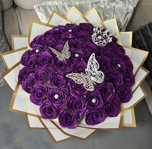 Eternal glitter rose bouquet - plain purple - ribbon