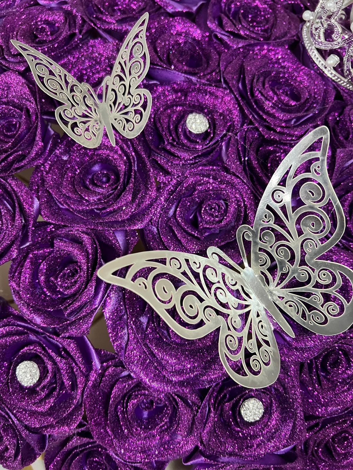Eternal glitter rose bouquet - plain purple - ribbon