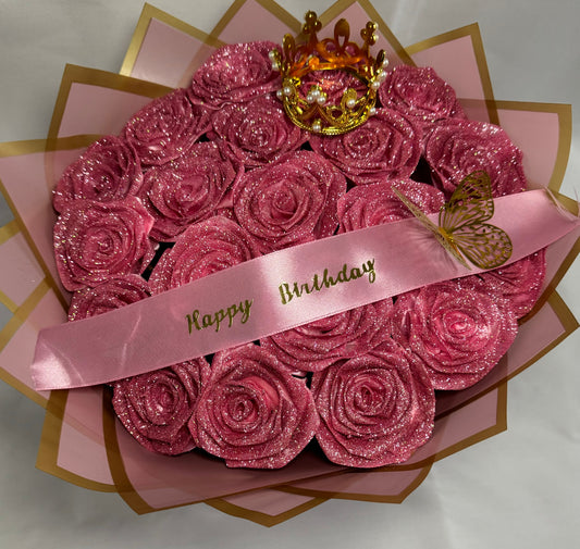 Eternal ribbon glitter rose bouquet- pink wrap - plain pink