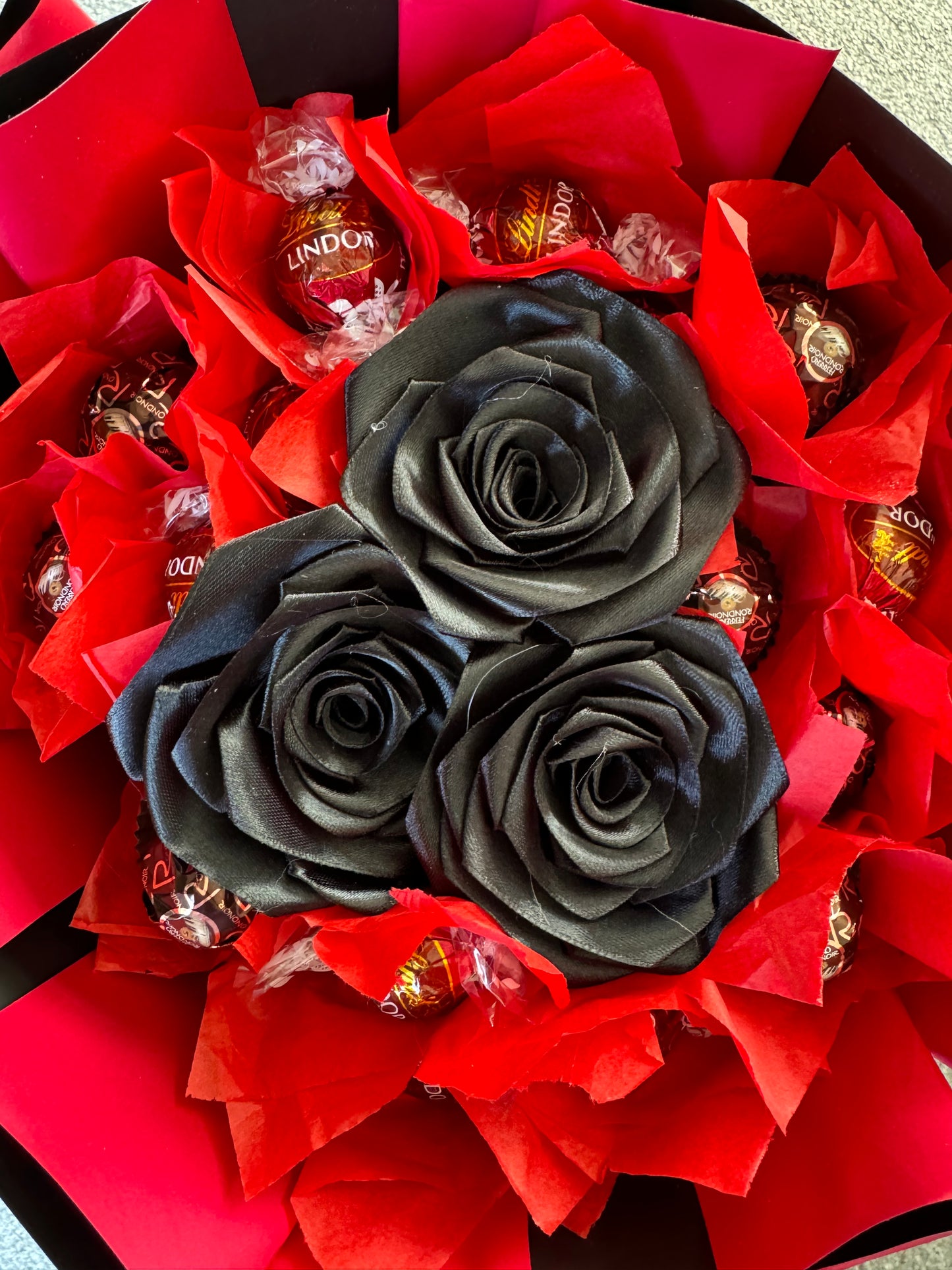 Eternal ribbon rose chocolate bouquet - red and black - ferrero rocher and lindor
