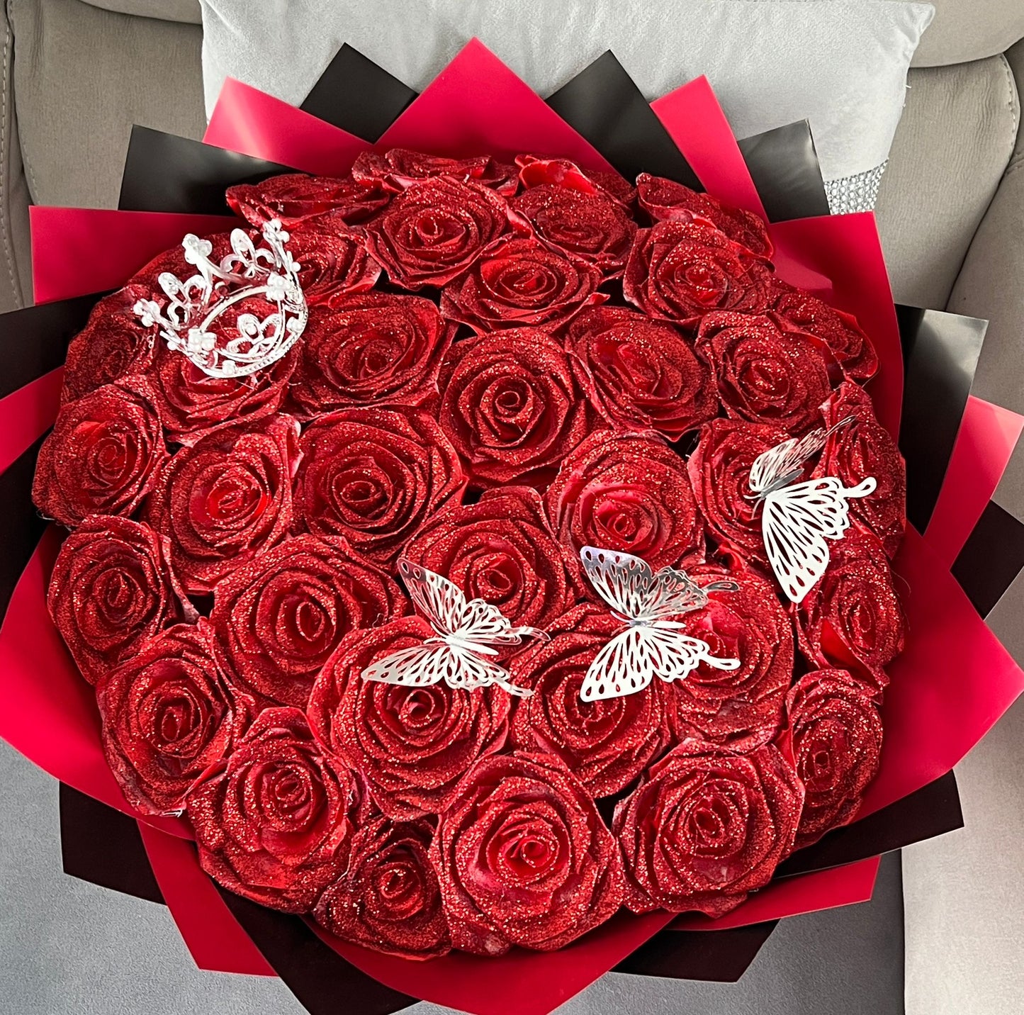 Eternal ribbon glitter rose bouquet - red - happy birthday