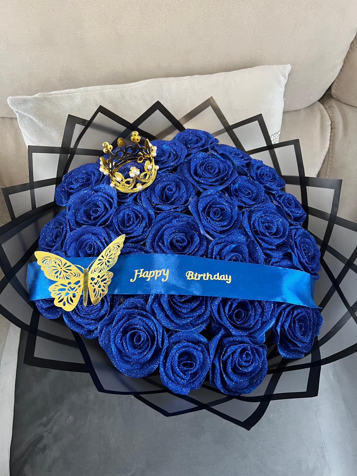 Eternal glitter ribbon rose bouquet - plain blue - happy birthday